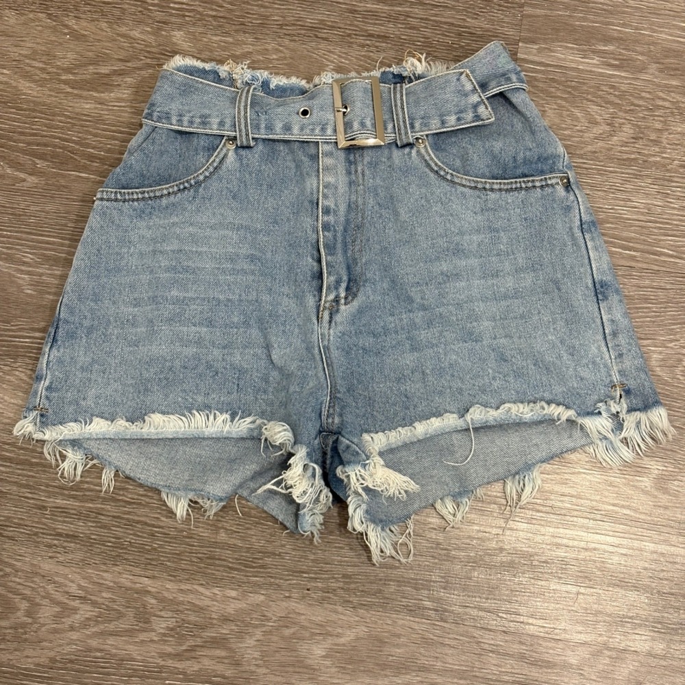 Alexander Wang Light Blue Distressed High-Waist Denim Shorts - Picture 2 of 16